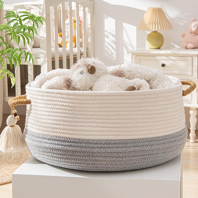 KAKAMAY Woven Baskets for Storage(16"x8"),Blanket Basket for Organizing Living Room,Cotton Rope Basket Woven Baby Laundry Hamper,Collapsible Laundry Room Organization,Clothes,Toy Chest(Grey)-VerdiqueGarden