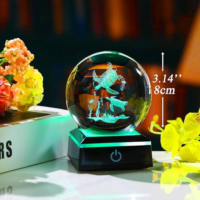 Qianwei Sea Turtle Gifts for Women 3D Crystal Ball 3.14'' - Laser Sea Turtle Decor Glass Animals Turtle Figurines Statue Stuff for Room Decorations Turtles Night Light-VerdiqueGarden