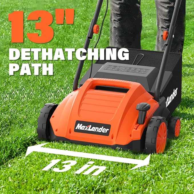 MAXLANDER Electric Dethatcher and Scarifier, 13” 12Amp 2-in-1 Lawn Dethatcher with 4-Position Depth Adjustment, 30L Removable Collection Bag, Airboost Technology Increases Lawn Health-VerdiqueGarden