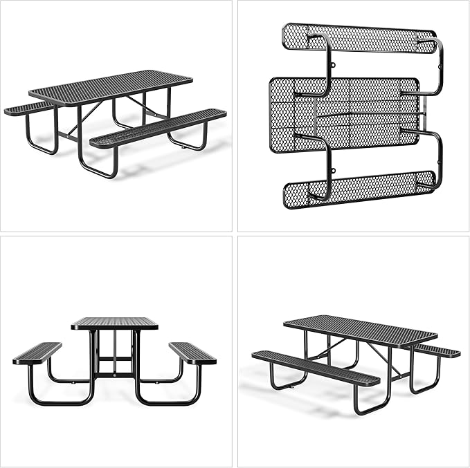 6FT Metal Picnic Tables for Outdoors, Commercial Rectangular Picnic Table and Bench Set for Outside, Patio, Garden, Backyard, Porch, Surface Mount, Black-VerdiqueGarden