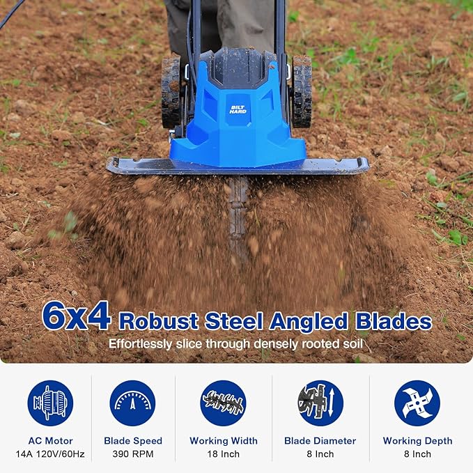 BILT HARD 14-Amp 18-Inch Electric Tiller Cultivator, 8'' Tilling Depth Corded Garden Rototiller, 6 Steel Front Tines Roto Tillers with Adjustable Wheels & Foldable Handle for Garden Lawn Soil Digging-VerdiqueGarden