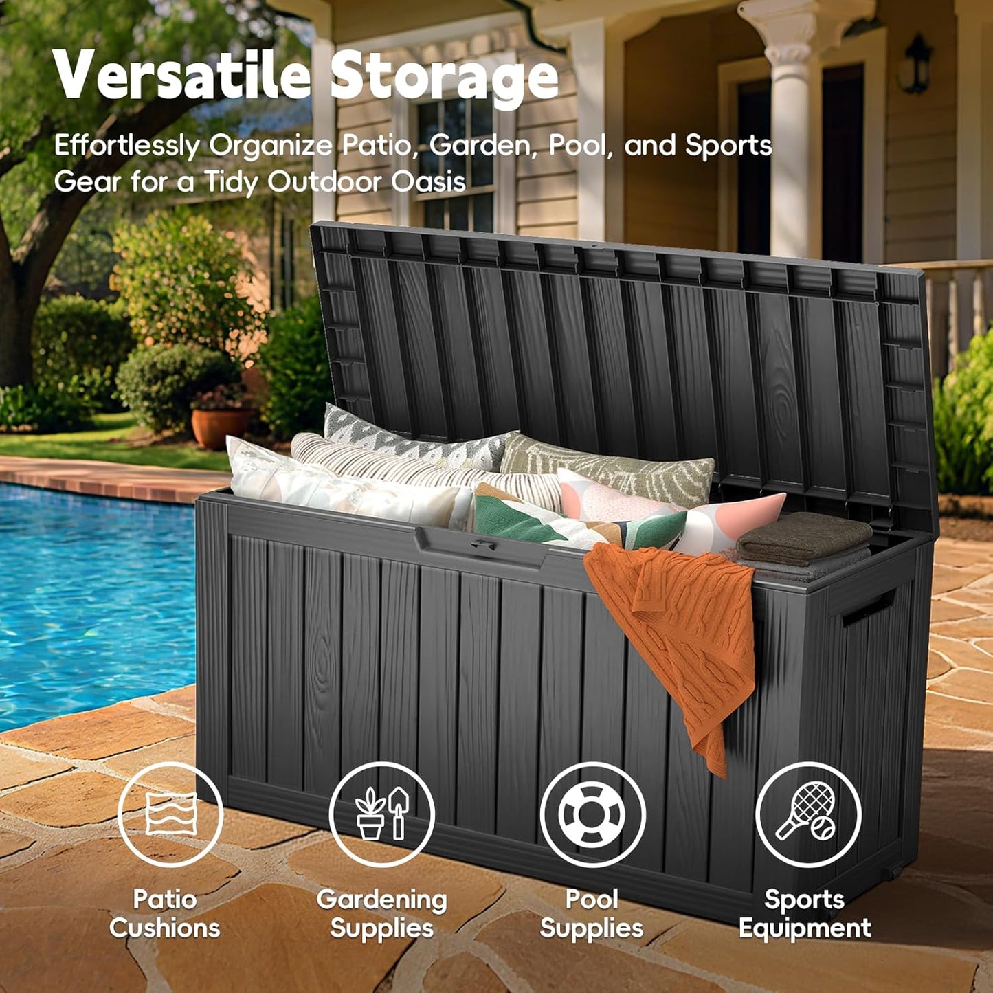 Outdoor Storage Box, 72 Gallon Waterproof Resin Deck Box, Storage Bin for Package Delivery, Patio Furniture Cushion, Garden Tools, Pool Accessories, Weatherproof and UV Resistant, Black-VerdiqueGarden