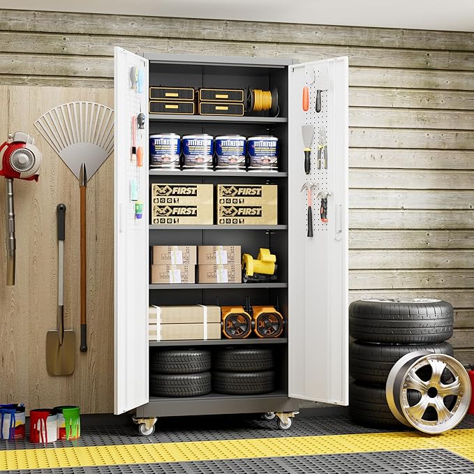 71" H×32" W×16" D Garage Storage Cabinet with Wheels & Pegboard, Locking Metal Storage Cabinet with Doors and 5 Adjustable Shelves & & 4 Hooks for Garage Warehouse Home Office, White and Gray-VerdiqueGarden