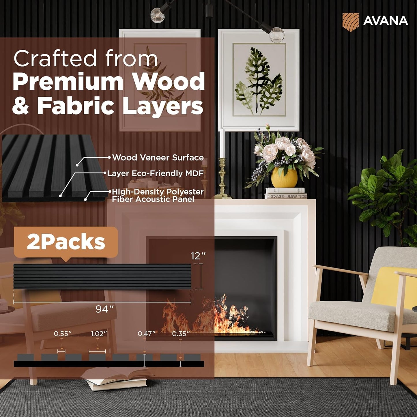 Avana Acoustic Wood Wall Panels – 94.4 x 12.6 Inch Black Oak Acoustic Panels 2 PCs – Wall Panels For Interior Wall Decor For Homes, Offices, Studios – Pleasing Decorative Wood Panels For Wall-VerdiqueGarden