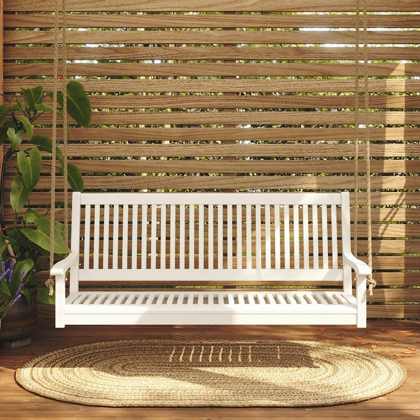 East Green Hayden 5 Foot White Porch Swing with Ropes - Outdoor Bench Swing Crafted from Naturally Weather-Resistant Acacia Wood-VerdiqueGarden