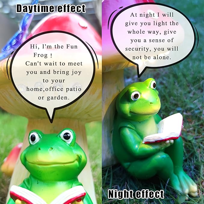 Solar Frog Mushroom Garden Statues,Resin Frog Mushroom Reading a Book Figurine with LED Solar Lights, Lawn Decor Outdoor Statue for Patio,Balcony,Yard,Lawn Ornament-VerdiqueGarden