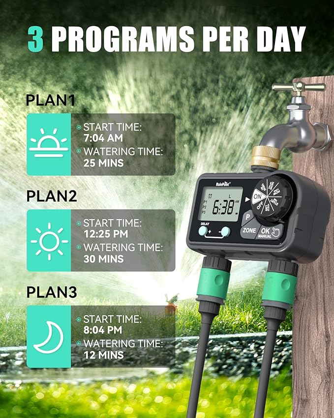 RAINPOINT Brass Sprinkler Timer 2 Stations, Large Digital Water Timer for Garden Hose with 6 Programmable Procedure, with Delay/Manual/Auto Irrigation Mode for Week/Specific/Daily Watering-VerdiqueGarden