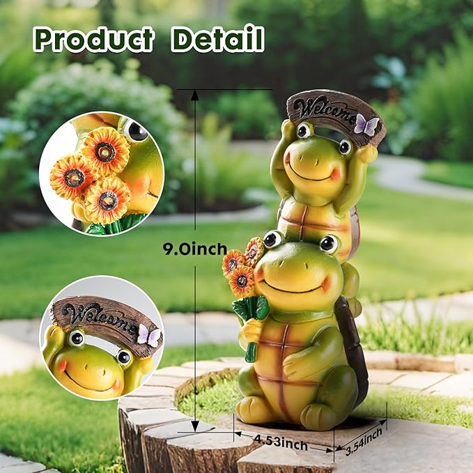 Garden Turtle Outdoor Statues, Solar Garden Statue Two Sweet Frog Face Turtles Decor with 3 LED Lights, Unique Art Resin Gifts for Patio Lawn Porch Yard-VerdiqueGarden