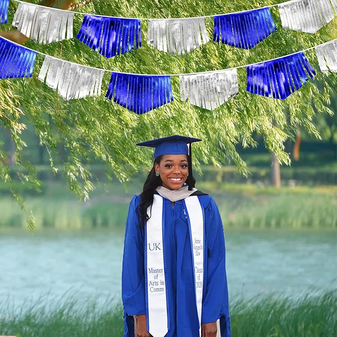 Royal Blue Silver Tassel Banner Metallic Fabric Pennant Bunting Flag for Graduation Birthday Retirement Bachelorette Engagement Wedding Bridal Shower Navy Nautical Ahoy Achor Party Decoration Supplies-VerdiqueGarden