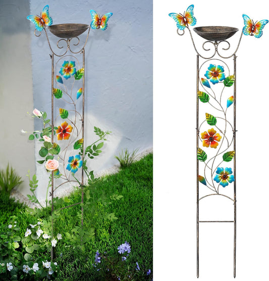 SUNNYPARK Bird Bath with Trellis Outdoor, Antique Garden Iron Plant Trellis with Decorative Floral-Butterflies Detachable Bird Bath Bowl Metal Potted Plants Support for Climbing Flowers-VerdiqueGarden