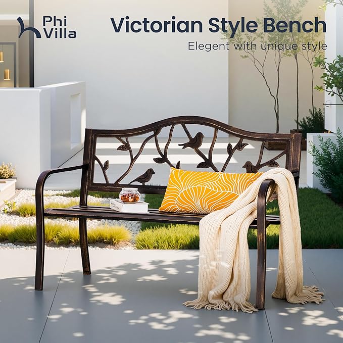 PHI VILLA Outdoor Garden Park Bench Patio 50" Metal Bench, Steel Frame Bench with Backrest and Armrests for Porch, Lawn, Balcony, Backyard and Indoor, Bronze-VerdiqueGarden