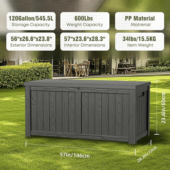 DRATO 120 Gallon Large Deck Box, Outdoor Storage Box for Patio Furniture, Patio Cushions, Gardening Tools, Pool Supplies,660lbs Weight Capacity,Waterproof Resin Storage Boxes-VerdiqueGarden
