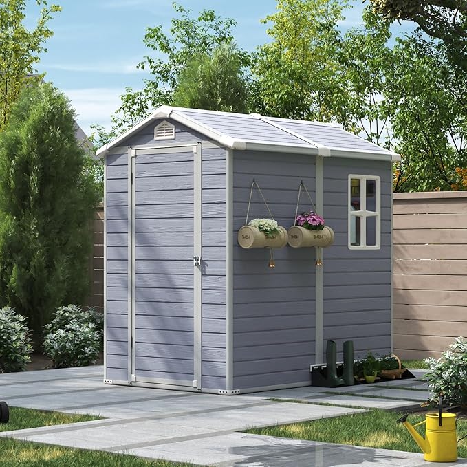 Aoxun 4'x6' Resin Outdoor Storage Shed Utility Tool Shed Storage House, Multi-Purpose Utility Tool House Applicable for Bike, Clutter Storage for Backyard, Patio - Gray-VerdiqueGarden