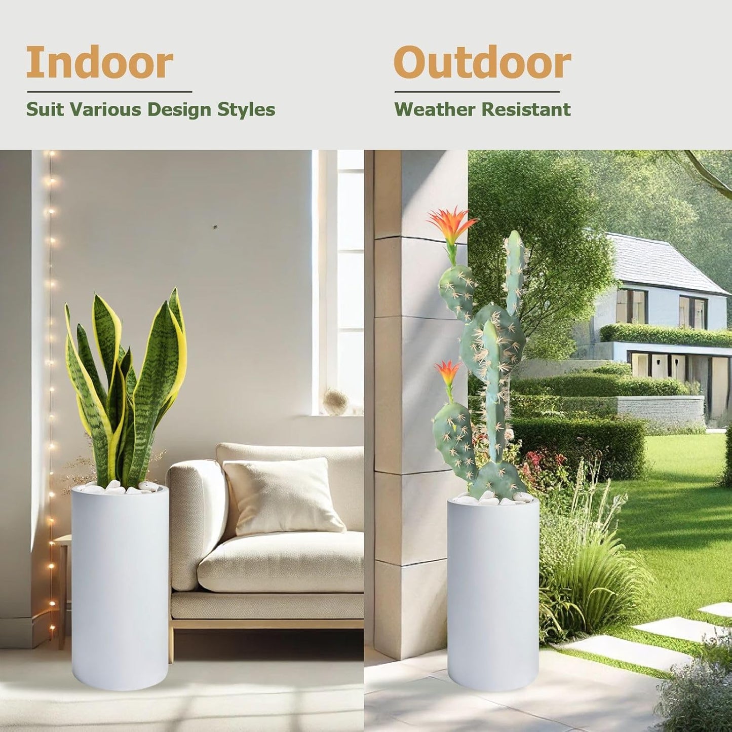 19.5"H x 9.8"D Tubo Fiberstone Cylinder Tall Planter with Drainage Hole, Smooth Finishes, Weather Resistant for Indoor and Outdoor Use, Included 2 Extra Coco Mats (White, 8.2" Pot Opening)-VerdiqueGarden