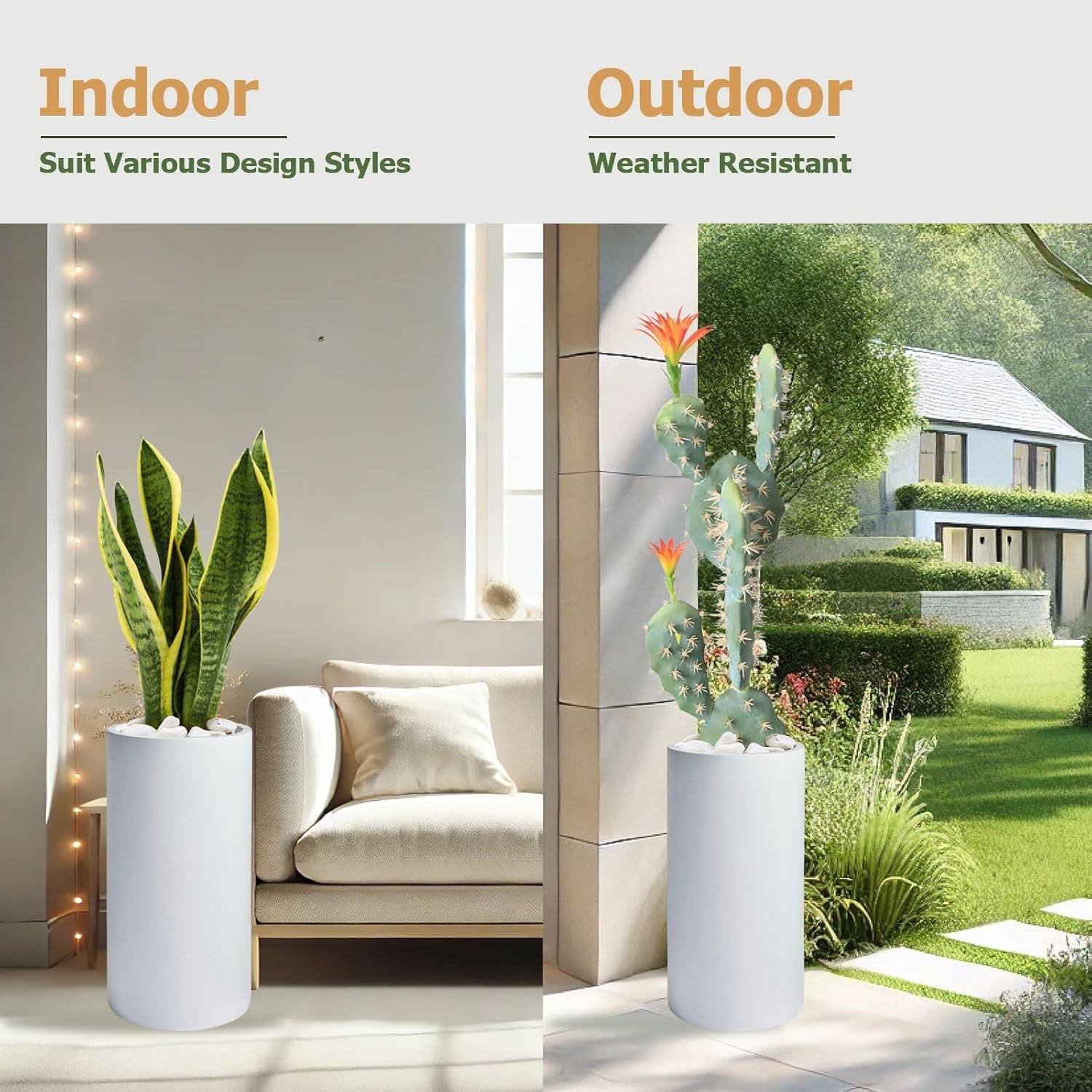 19.5"H x 9.8"D Tubo Fiberstone Cylinder Tall Planter with Drainage Hole, Smooth Finishes, Weather Resistant for Indoor and Outdoor Use, Included 2 Extra Coco Mats (White, 8.2" Pot Opening)-VerdiqueGarden