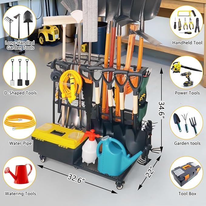 Garden Tool Organizer - Heavy Duty Garage Storage and Organization with Wheels - Large Garden Tool Storage Holder for Lawn Yard Patio Shed,Garage Shovel Rack-VerdiqueGarden