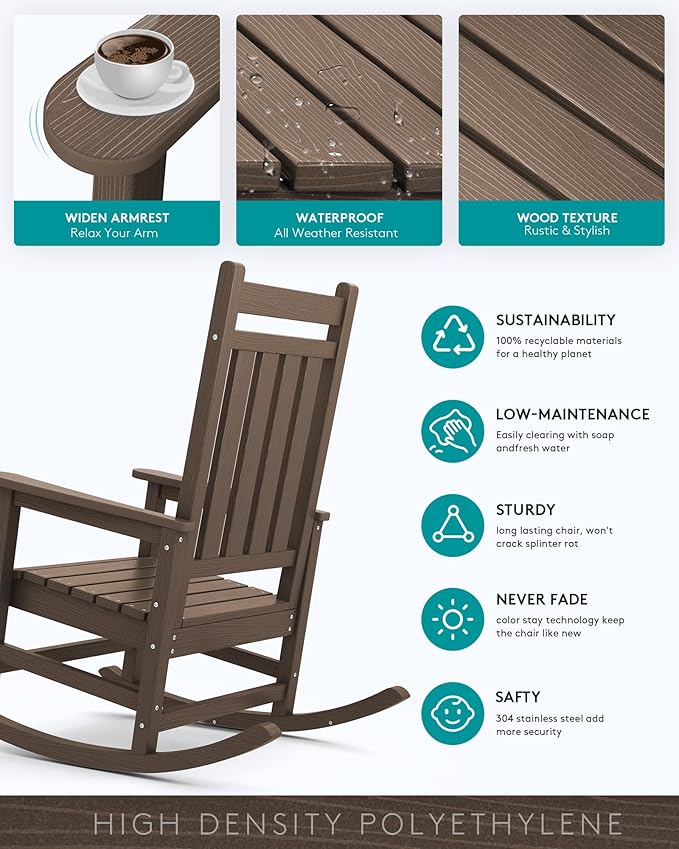 SERWALL Outdoor Rocking Chair Set of 2, HDPE Rocking Chairs for Adult, All Weather Porch Rockers for Lawn Garden, Coffee-VerdiqueGarden