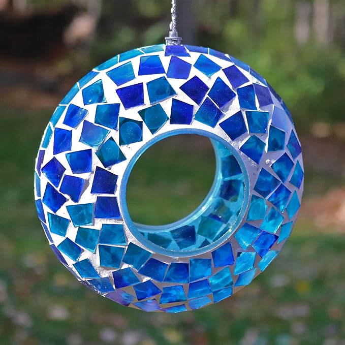 Sunnydaze 6-Inch Glass Mosaic Hanging Bird Feeder for Outdoors - Fly-Through Wild Bird Feeder - Blue Mosaic-VerdiqueGarden