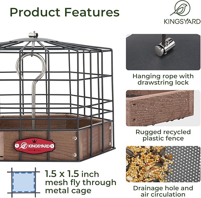 Kingsyard Squirrel Proof Platform Bird Feeders for Outdoor Hanging, Caged Bird Feeder for Small Wildbirds Finches, Recycled Plastic Feeding Platform with Metal Seed Tray, Brown-VerdiqueGarden