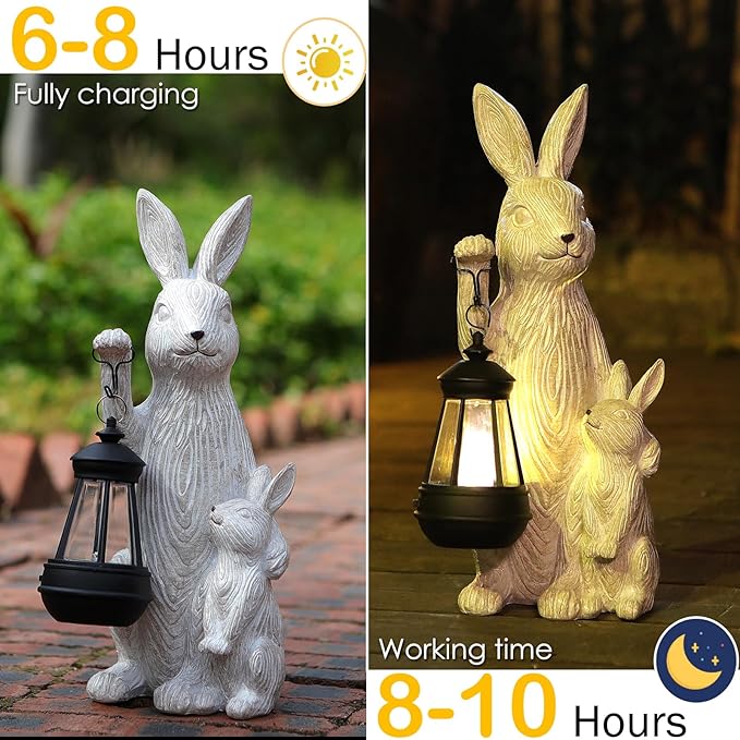 Solar Garden Statues Bunny Decor with LED Lights Home Decorations Outdoor Garden Rabbit Statue for Patio, Balcony, Yard, Lawn Ornament - Unique Housewarming Birthday Gifts for Women-VerdiqueGarden