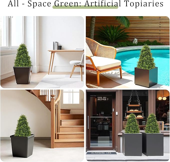30" Artificial Boxwood Faux Plants Outdoor, UV Resistant Topiary Trees Realistic Cone-Shaped Fake Bushes and Shrubs Potted Fakeplants Set of 2 for Front Porch Patio Outside Planter Decor-VerdiqueGarden