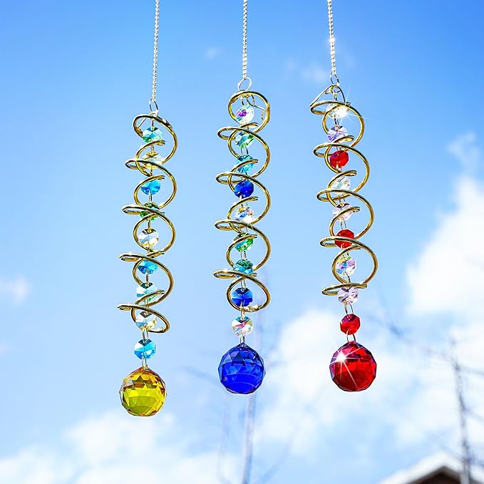 H&D HYALINE & DORA Glass Gazing Ball Spiral Tail Decorative Sun Catcher,17.7in Rainbow Maker Double-Spiral W/Yellow Crystal Ball Prism Sun Catcher for Indoor Outdoor Garden Decoration-VerdiqueGarden