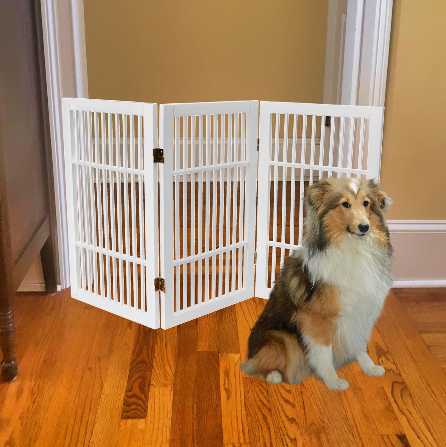 Pet Dog Gate Strong and Durable Freestanding Folding Acacia Hardwood Portable Wooden Fence Indoors or Outdoors by Urnporium (White Pet Gate, 3 Panel 30" Tall)-VerdiqueGarden
