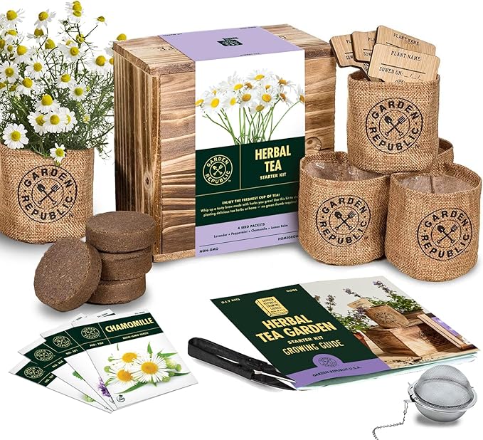 Indoor Herb Garden Seed Starter Kit - Herbal Tea Growing Kits, Grow Medicinal Herbs Indoors, Seeds for Planting, Soil, Plant Markers, Pots, Infuser, Planter Box, Gardening Gifts for Women-VerdiqueGarden
