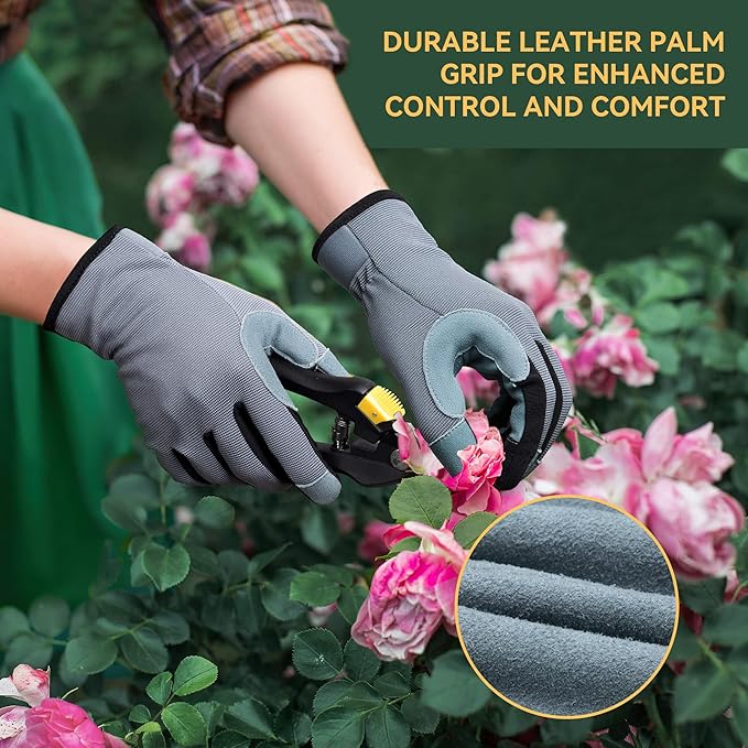 OZERO Women Leather Work Gloves: Touch Screen | Deerskin Garden Gloves with Grip | Ideal for Yard Work, Daily Tasks, Driving-VerdiqueGarden