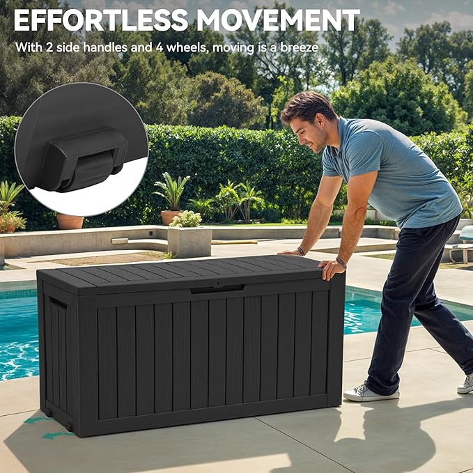 YITAHOME 72 Gallon Outdoor Resin Deck Box with Wheels, Pool Storage Box for Outdoor Cushions, Sports Equipment, Garden Tools, Black-VerdiqueGarden
