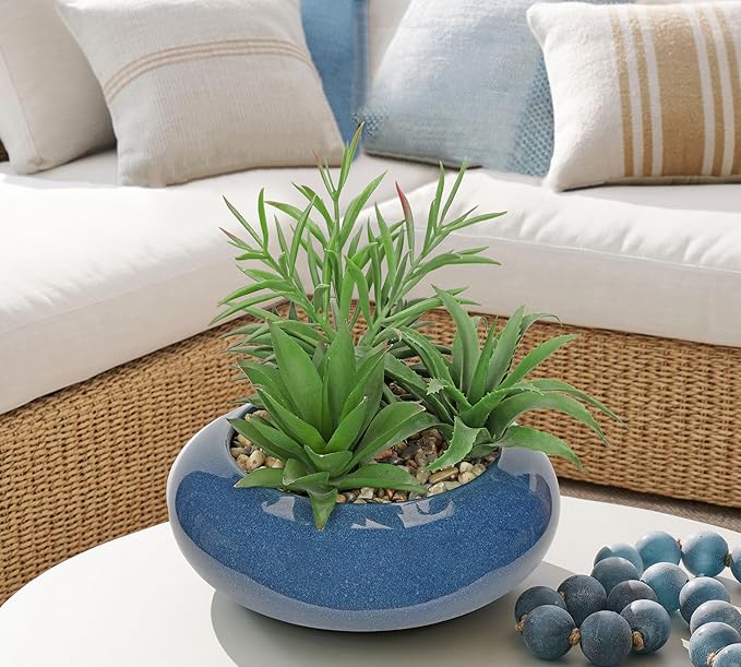 Hollyone Large Artificial Succulents Plants with Blue Vase Faux Succulents Fake Succulent Potted Plant in Ceramic Pot for Home Decor Office Desk Bathroom Living Room Indoor & Outdoor Decorations-VerdiqueGarden