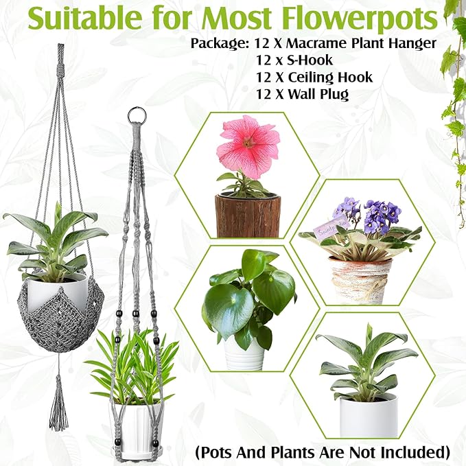 Hoteam 12 Pcs Macrame Plant Hangers Macrame Hanging Planters for Indoor Plants Handmade Boho Hanging Baskets Flower Pots Holder for Outdoor Home Wall Decor-VerdiqueGarden