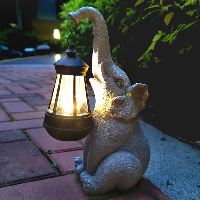 Elephant Solar Garden Statues,Resin Elephant Figurine Decorations with Solar Lights Lantern, Outdoor Elephant Decor Art for Lawn,Yard, Unique Housewarming Gift for Garden Home, VY-0617-VerdiqueGarden