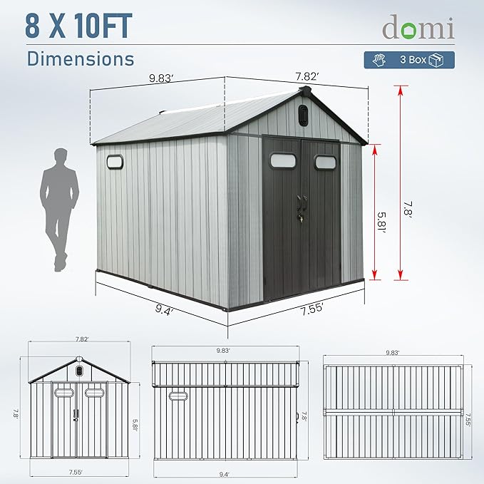 Domi 8x10 FT Outdoor Resin Storage Shed, All-Weather Double-Wall Garden Shed for Backyard, Lawn Tools, Bike, Mower & Pool Equipment with Lockable Doors, Ventilated Roof, Grey-VerdiqueGarden