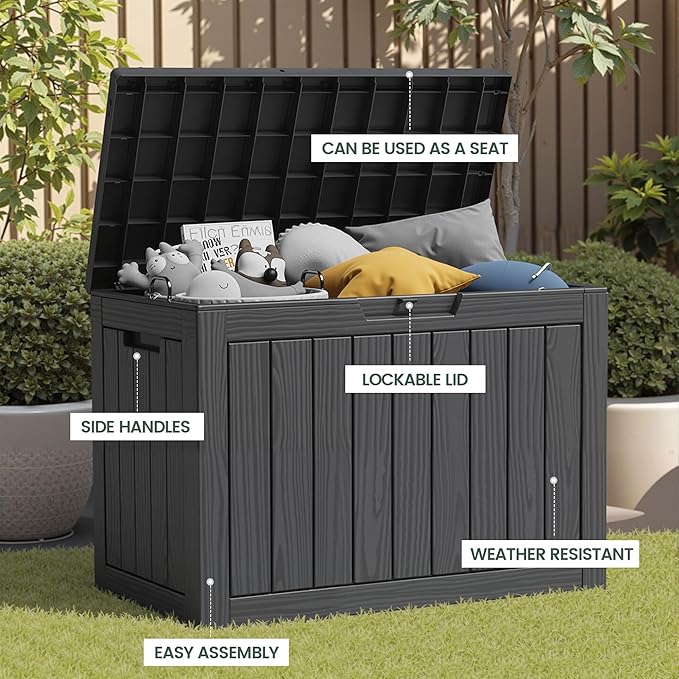 45 Outdoor Storage Box, Waterproof Resin Deck Box with Side Handles, Lockable Outdoor Bench for Indoor & Outdoor Use, Storage Bin for Patio Cushions, Garden Tools, Package Delivery, Black-VerdiqueGarden