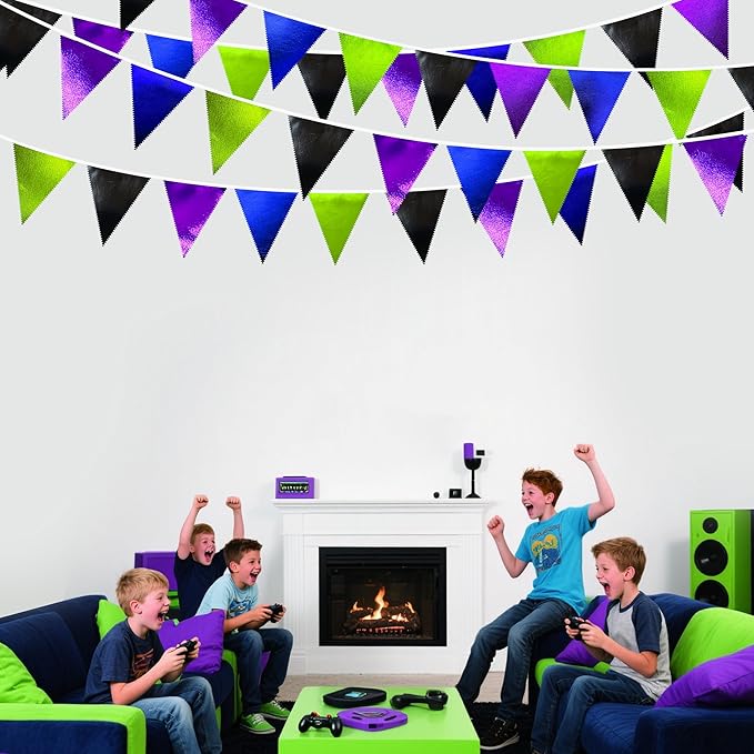 Video Game Party Decorations Black Blue Green Purple Metallic Fabric Triangle Pennant Banner Flag Bunting for Men Boys Birthday Graduations Retirement Wedding Bachelorette Video Game Party Supplies-VerdiqueGarden