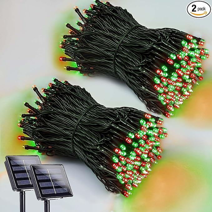 2 Pack 200 LED Solar Christmas Lights Outdoor Waterproof, Solar String Lights for Outside, Solar Outdoor String Light with 8 Lighting Modes for Xmas Tree Wedding Party Yard Decorations (Red and Green)-VerdiqueGarden