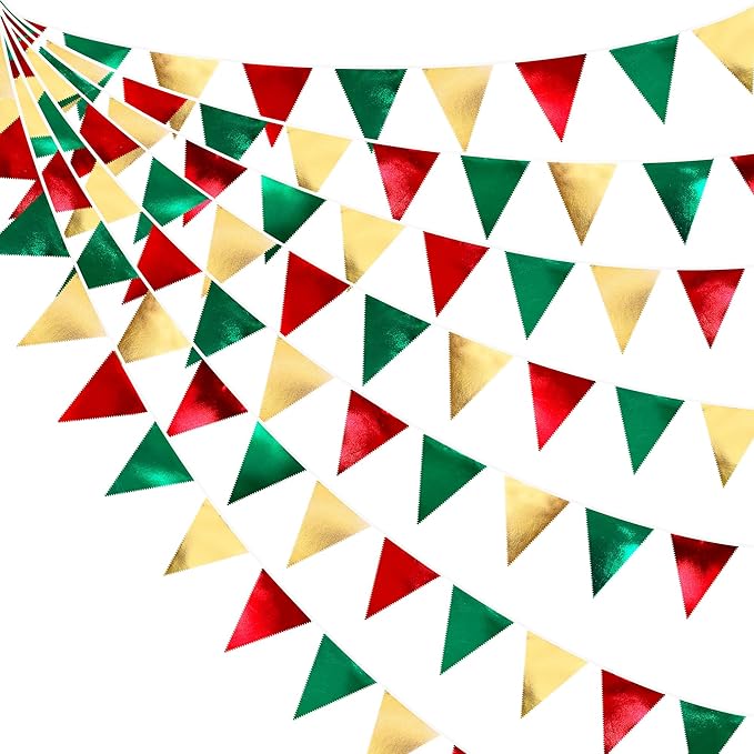 Christmas Party Decorations Triangle Pennant Banner Flag Red Green Gold Metallic Fabric Bunting Garland for Xmas Holiday Wedding Bridal Shower Birthday Bachelorette Graduation New Year Party Supplies-VerdiqueGarden