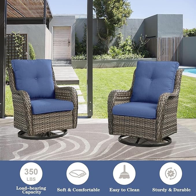 Wicker Patio Furniture Sets - 8 Piece Rattan Outdoor Furniture Conversation Sets with 4 Swivel Rocker Chairs, Rattan Sofa, Wicker Ottomans and Coffee Table, Mixed Grey/Blue-VerdiqueGarden