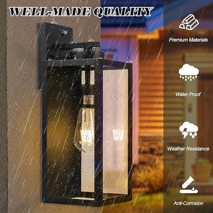 Dusk to Dawn Outdoor Wall Light Fixture, 16" Large Exterior Black Lantern Waterproof, Farmhouse Porch Sconce Lighting, Modern Wall-Mounted Outside Lights for House Garage, Patio Lamp-VerdiqueGarden