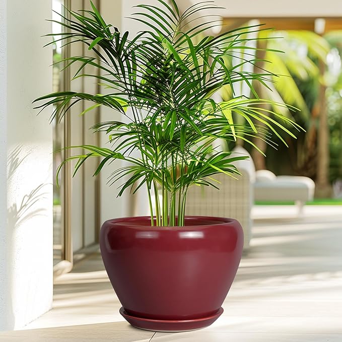 10 Inch Plant Pot - Ceramic Planter Pot with Drainage Hole and Saucer Large Planter for Indoor Plants Round Outdoor Flower Pot Mid-Century Decor Red-VerdiqueGarden