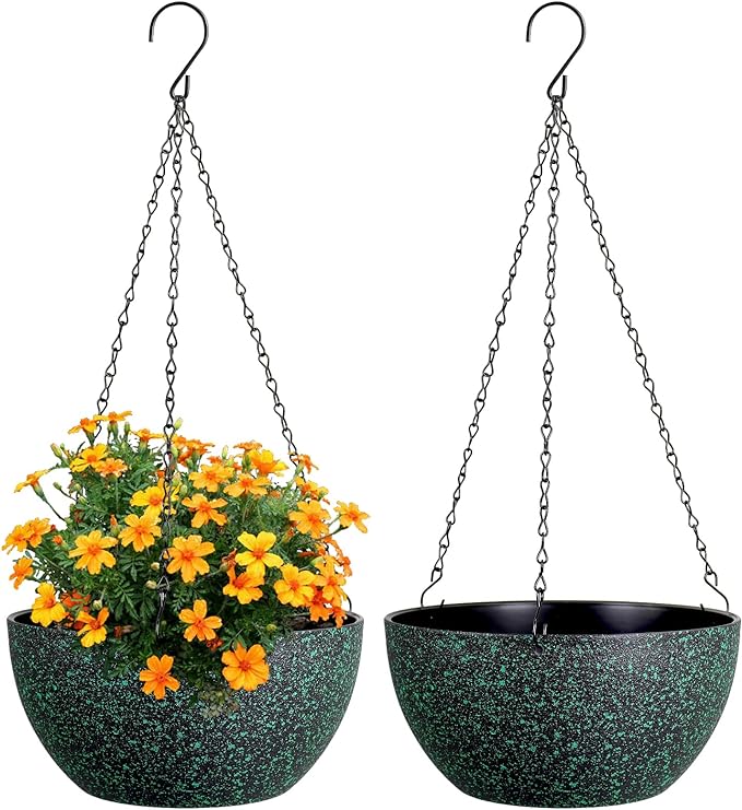10 inch Hanging Planters for Indoor Outdoor Plants, 2 Pack Hanging Flower Pots with Drainage Holes and Chain for Garden, Plastic Hanging Baskets for House Plants, Black with Green Speckles-VerdiqueGarden