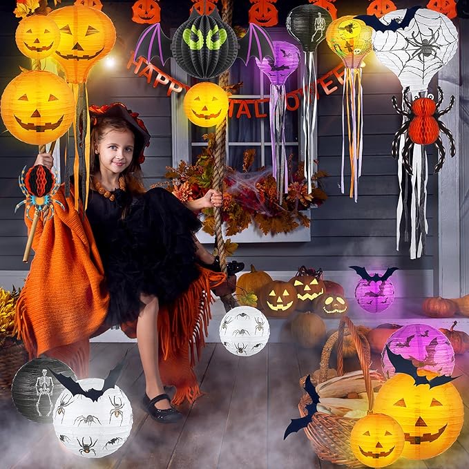 48 Pieces Halloween Decorations Paper Lanterns Pumpkin Skeleton Paper Lanterns 3D Bat Wall Stickers Spider Wall Hanging for Halloween Party Garden Bedroom Cobwebs Indoor Outdoor, 12 Inch and 8 Inch-VerdiqueGarden