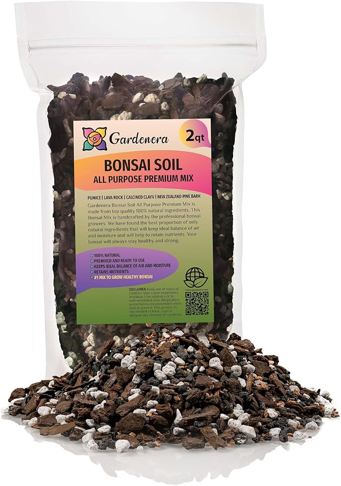 Premium Bonsai Soil All Purpose Fast Draining Mix - Pumice, Lava, Calcined Clay and Pine Bark Potting Pre Mixed Bonsai Plant Soil Mixture by GARDENERA- Made in USA - (2 Quart Bag)-VerdiqueGarden