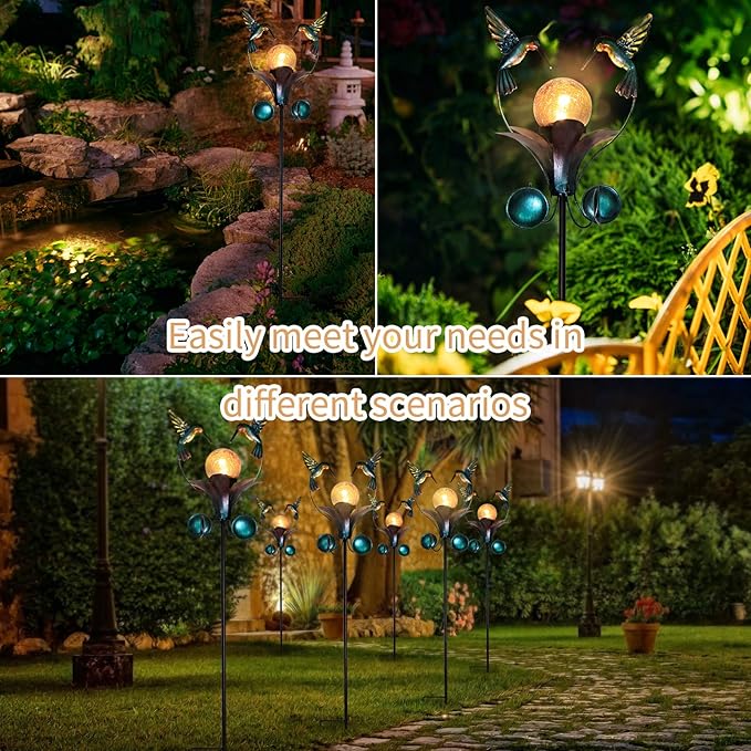VCUTEKA Solar Lights Outdoor Metal Garden Stake Waterproof Crackle Glass Globe Garden Decor Hummingbird for Pathway, Lawn, Patio, Yard-VerdiqueGarden