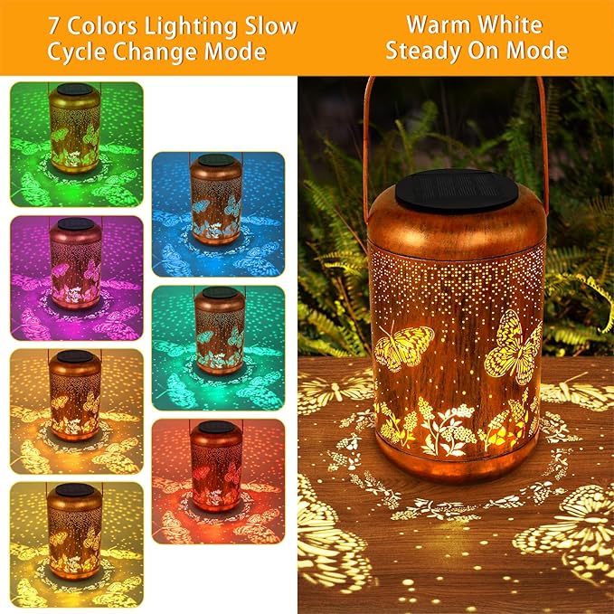 Solar Lanterns Outdoor Butterfly Hanging Lantern Lights, Gardening Gifts for Mom Women Grandma Solar Lights Waterproof LED Mode Change Metal Solar Garden Decor for Patio Yard Lawn Landscape Tabletop-VerdiqueGarden
