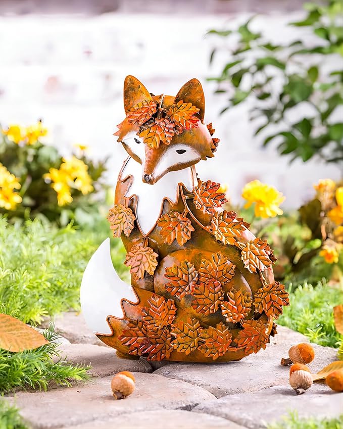 Elenon Outdoor Metal Fox Statue Art Decoration, Garden Handcrafted Standing Fox Ornament Decor with Fall Leaves, Mid Century Fox Figurine Decor for Patios, Lawns, Flower Bed-VerdiqueGarden