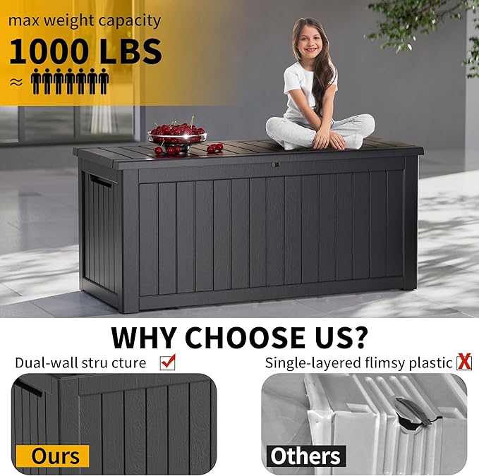 270 Gallon Outdoor Storage Box Patio Deck Box Waterproof, Resin Lockable Outside Large Storage Bin for Pool Cushion Furniture, Garden Tools UV-Resistant, Black-VerdiqueGarden
