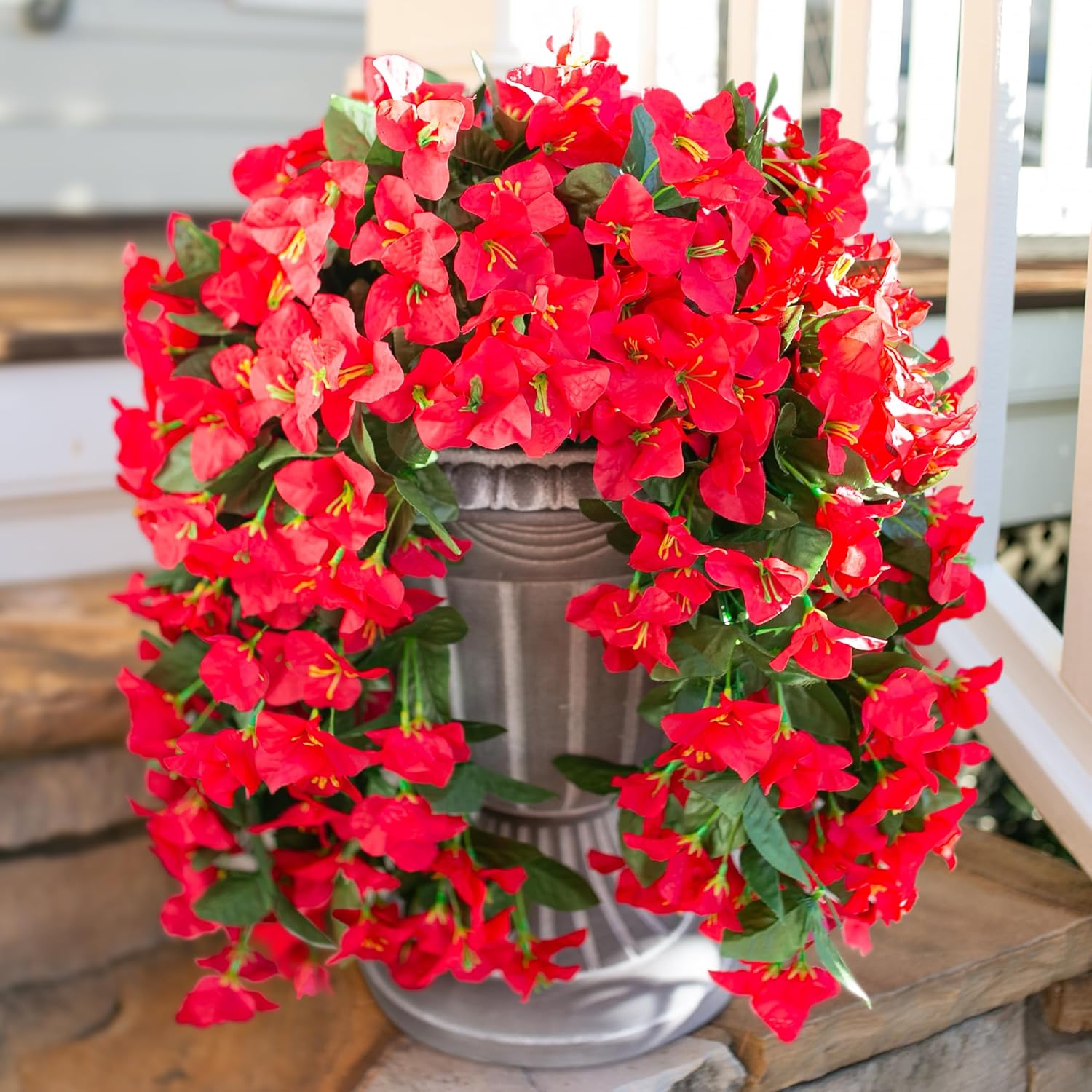 Bougainvillea Artificial Hanging Flowers Plants for Outdoors Decoration, 2pcs Fake Flowers Silk Bougainvillea Vines Realistic UV Resistant Faux Flowers for Outdoor Planters Porch Patio, Red-VerdiqueGarden
