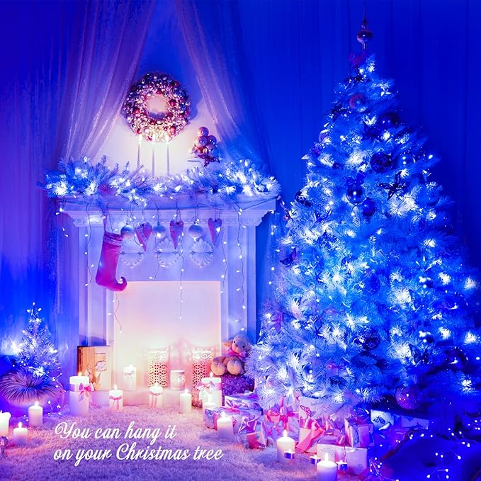 JMEXSUSS Connectable 100 LED Blue Christmas Lights Clear Wire, 8 Modes Blue Christmas Tree Lights Indoor Outdoor Plug in, 33ft Fairy String Lights for Christmas Tree, Xmas, Party, Garden-VerdiqueGarden